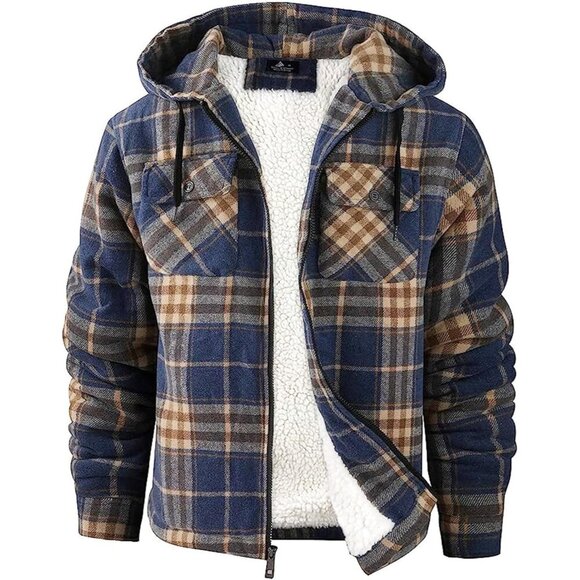 Other - Men's Blue Orange Fleece Sherpa Lined Plaid Jackets Full Zip Up Hoodie Outwear